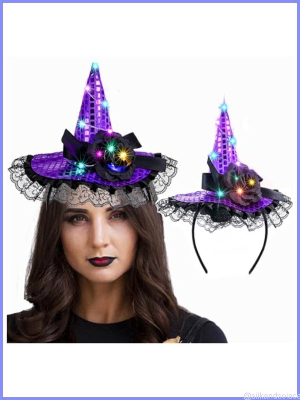 Light Up Witch Hat Headband Sequin Lace Halloween Cosplay Party Hair Accessory